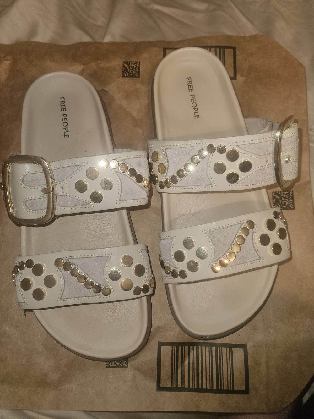 Free People Beige Slide Sandals with Gold Stud Detailing